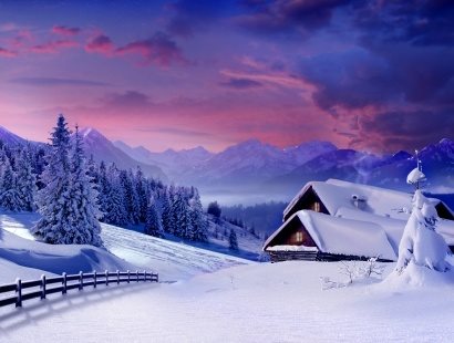 Sunset over the mountain cabin